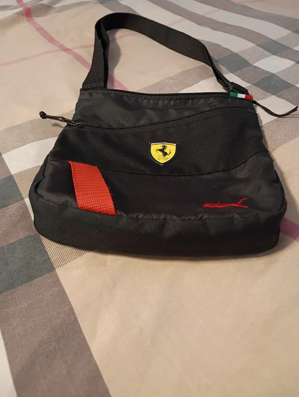 PUMA Scuderia Ferrari Adjustable Crossbody Black Shoulder Bag with Red Accents